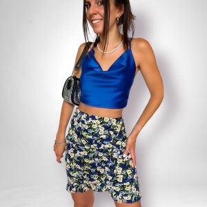 Top satin blu schiena scoperta