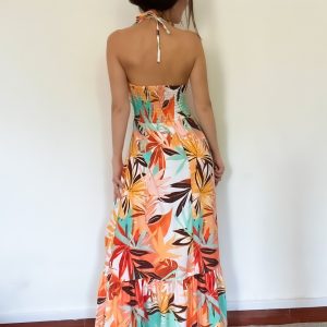 Abito lungo fantasia fiori arancione