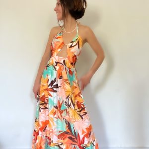 Abito lungo fantasia fiori arancione