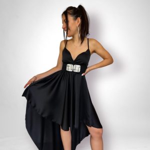 Vestito asimmetrico coda satin nero